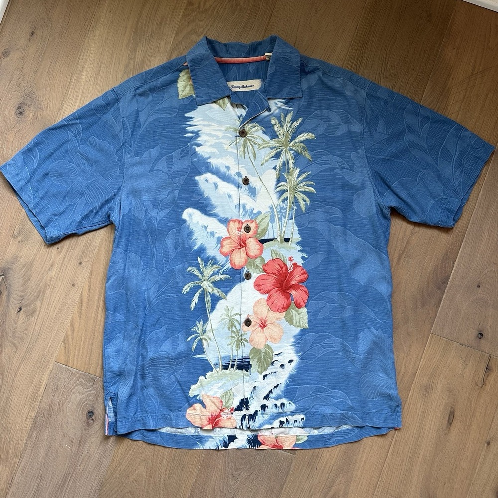 Tommy Bahama Men's 100% Silk Short Sleeve Camp Shirt Blue Floral Tropics Medium